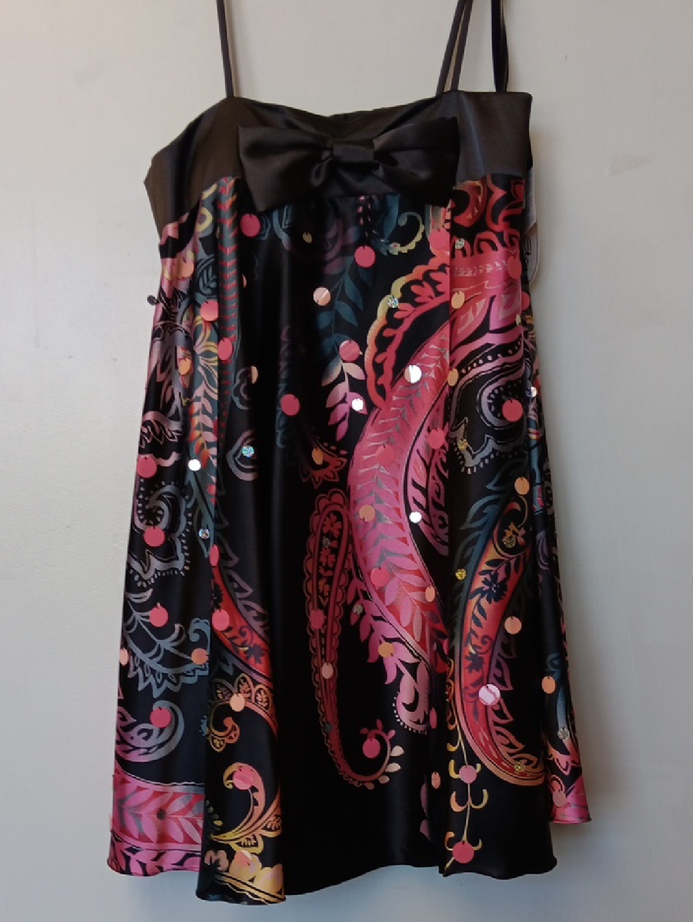 Vintage Cassandra Stone Black Satin Dress with Pink Paisley Print and Bow